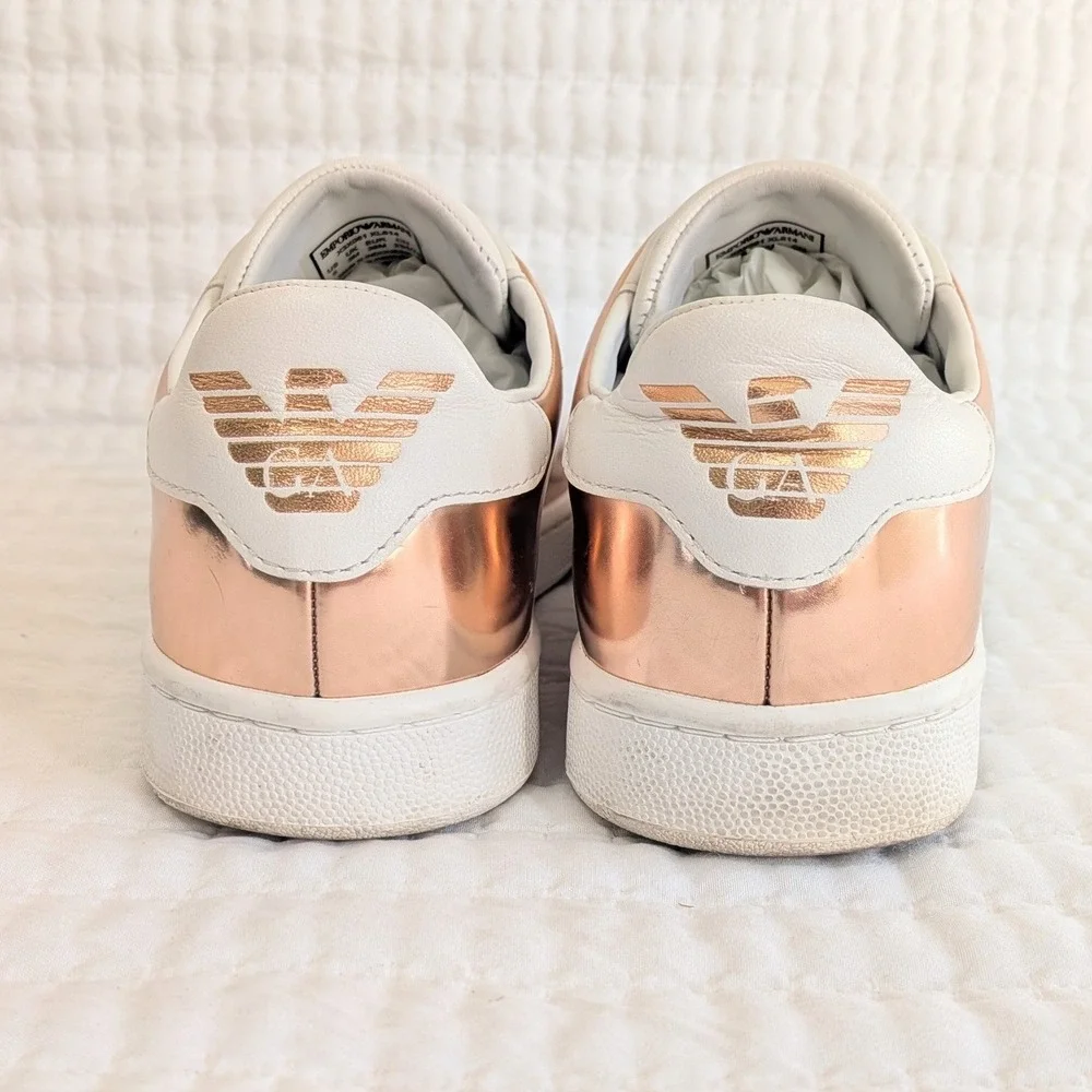 Emporio Armani Logo Print Lace Up Leather Casual Sneakers‎ Rose Gold White US 6